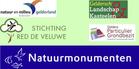 Logo's van Red de Veluwe, Gelders Particulier Grondbezit, Natuurmonumenten, Geldersch Landschap en Kasteelen, natuur en milieufederatie Gelderland 
