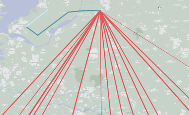 Deze lijnen op de kaart geven aan waar de werkelijke routes zijn vanaf Wezep. Overal over de provincie op 1800 meter.